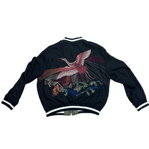 Zara satin crane embroidered bird jacket reversible black and green size small